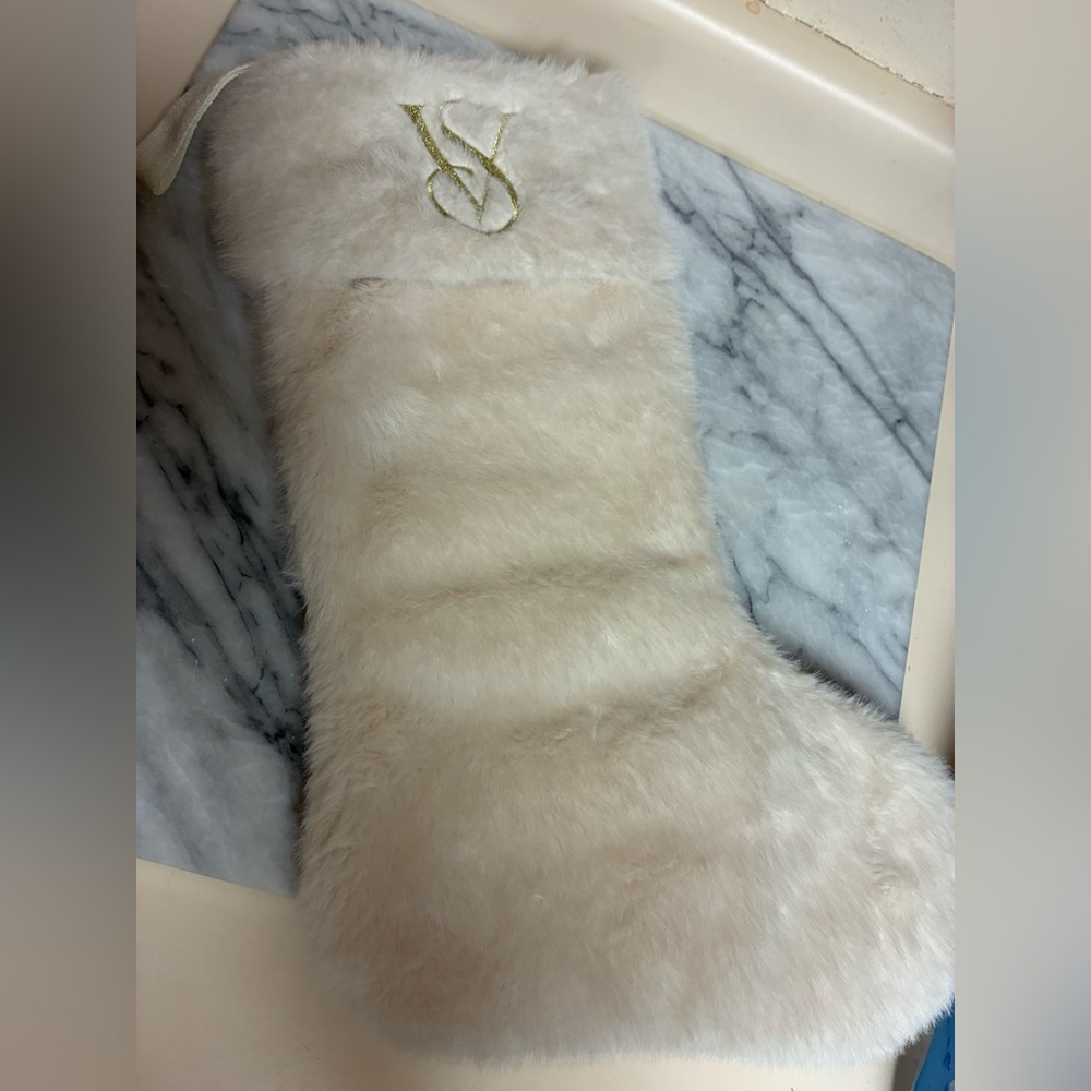 Victoria's Secret Cream Faux Fur Holiday Stocking with Gold VS Emblem